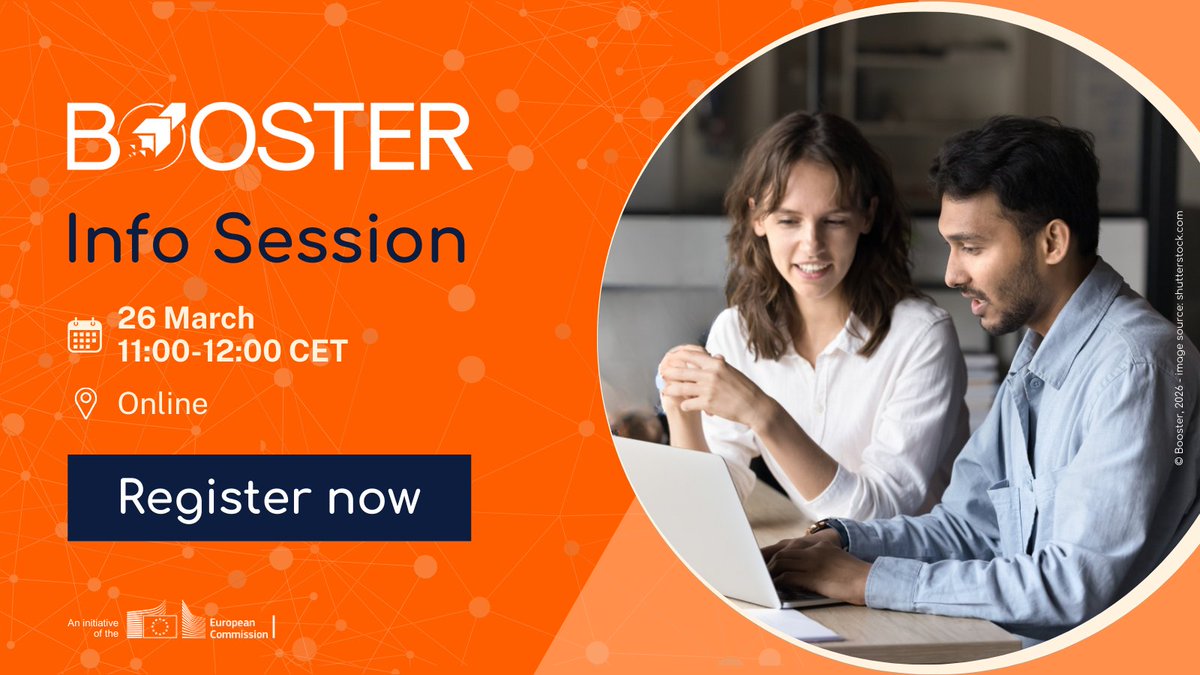 HorizonBooster's tweet photo. Save the date! The next Booster info session will be on 26/03 at 11:00 CET!
What to expect:
✅ Insights into the how and why to apply
✅ Presentation of Booster’s services
✅ Testimony by Booster beneficiary IcARUS Project
✅ Live Q&amp;A
Register: https://t.co/GPtpWiZowa
#HorizonEU https://t.co/4n6iE4z7yS