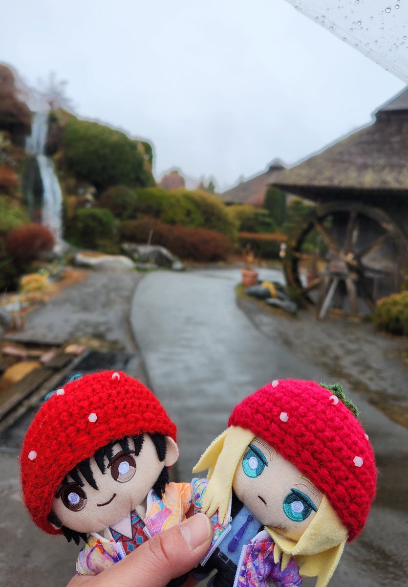 ぬい🎲🔨さん🍓ﾆｯﾄ帽をかぶって、ﾔﾏﾅｼに🍓狩りﾃﾞｰﾄしてきました❤️💜ずっと☔降ってましたが、景色はきれいだったので、遠出して良かったです✨️