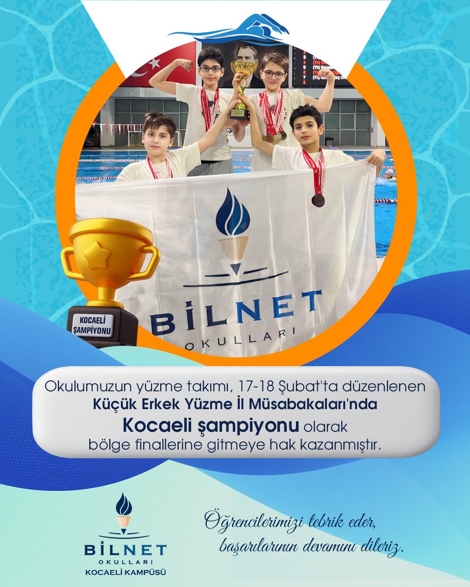 17-18 Şubat tarihleri arasında düzenlenen küçük erkek yüzme il  müsabakalarında okulumuzun yüzme takımı Kocaeli Şampiyonu olmuştur 🏆Bölge finallerine gitmeye hak kazanmıştır🙏Ögrencilerimizi tebrik eder başarılarının devamını dilerim. #bilnetokullari #bilnetkocaeli #yuzmekocaeli