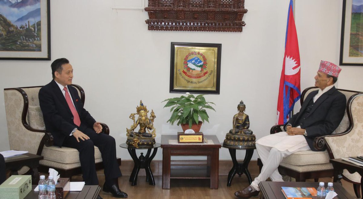 MofaNepal's tweet photo. H.E. Mr. Zhang Maoming, Ambassador of the People’s Republic of China to Nepal, paid a courtesy call on Minister for Foreign Affairs Hon. Mr. Bala Nanda Sharma at the Ministry today. 

Various matters relating to Nepal-China relations and cooperation were discussed on the occasion.

@amritrai555 
@lokbchhetri