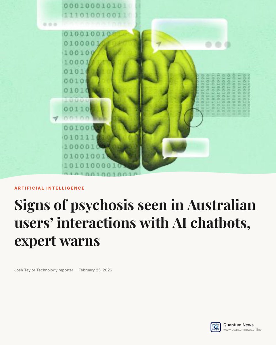 QuantumN41591's tweet photo. Toby Walsh, a leading artificial intelligence professor at the University of New South Wales, recently warned that some Australians are displaying signs of psychosis and mania through their interactions with AI chatbots.

Read more: link in bio https://t.co/WAuu9HNYbg