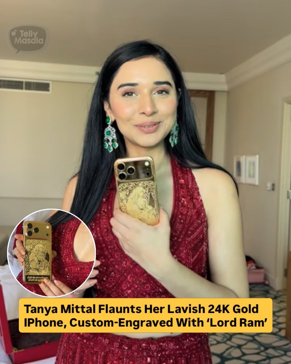 tellymasala's tweet image. Tanya Mittal turned heads as she flaunted her lavish 24K gold iPhone engraved with ‘Lord Ram’. The luxury accessory reflects her bold style and love for all things grand. Fans can’t stop talking about this golden statement piece!

#TanyaMittal #biggboss19 #lordram #tellymasala