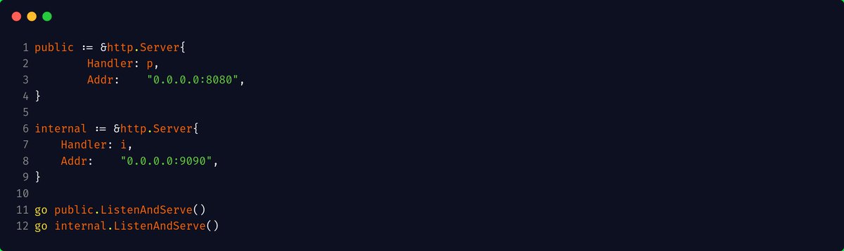 bot_golang's tweet image. #golang #tip
You Go micro service can listen on multiple ports. One port can be for the public API and the other can be for internal APIs like metrics.