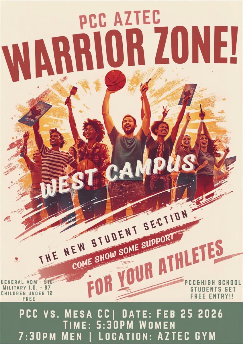 PimaAthletics's tweet photo. ATTENTION: PIMA COMMUNITY COLLEGE STUDENTS @pimatweets
Come be part of history as we start our Student Section. Big game feel for the final regular season @PimaWBB @PimaMens_bball games. Bring the electricity.
#AztecTOUGH #WarriorZone https://t.co/muYWvBXoZ3