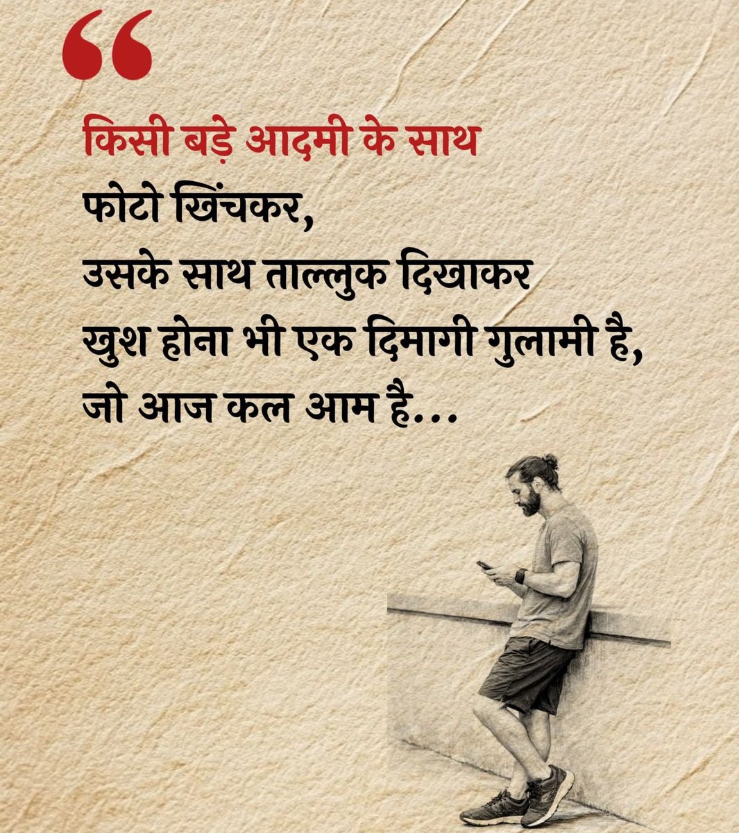 Achchheebaaten's tweet photo. किसी बड़े आदमी के साथ फोटो खिंचकर, उसके साथ ताल्लुक दिखाकर खुश होना भी एक दिमागी गुलामी हैं, जो आज कल आम हैं...!

#achcheebaten https://t.co/JhR1J9kIxP