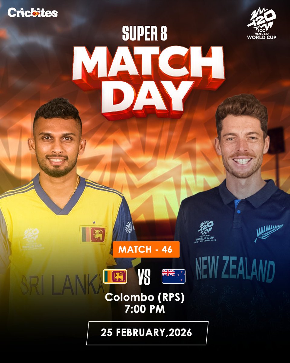 cricbiteslive's tweet photo. Super 8 showdown 🚨
Sri Lanka vs New Zealand
Colombo | 7:00 PM
High stakes. Zero margin.
Your winner? 👇
#SLvsNZ #T20WorldCup #Super8 #Match46 #cricbites https://t.co/N5eLag0nBo