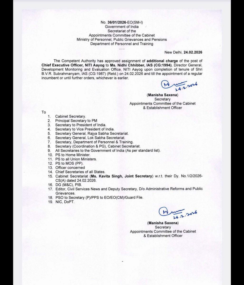 #News

Nidhi Chhibber, a 1994-batch IAS officer of Chhattisgarh cadre, has been assigned additional charge as Chief Executive Officer of NITI Aayog following completion of tenure of B V R Subrahmanyam on February 24, 2026. 

Currently serving as DG, Development Monitoring &amp;