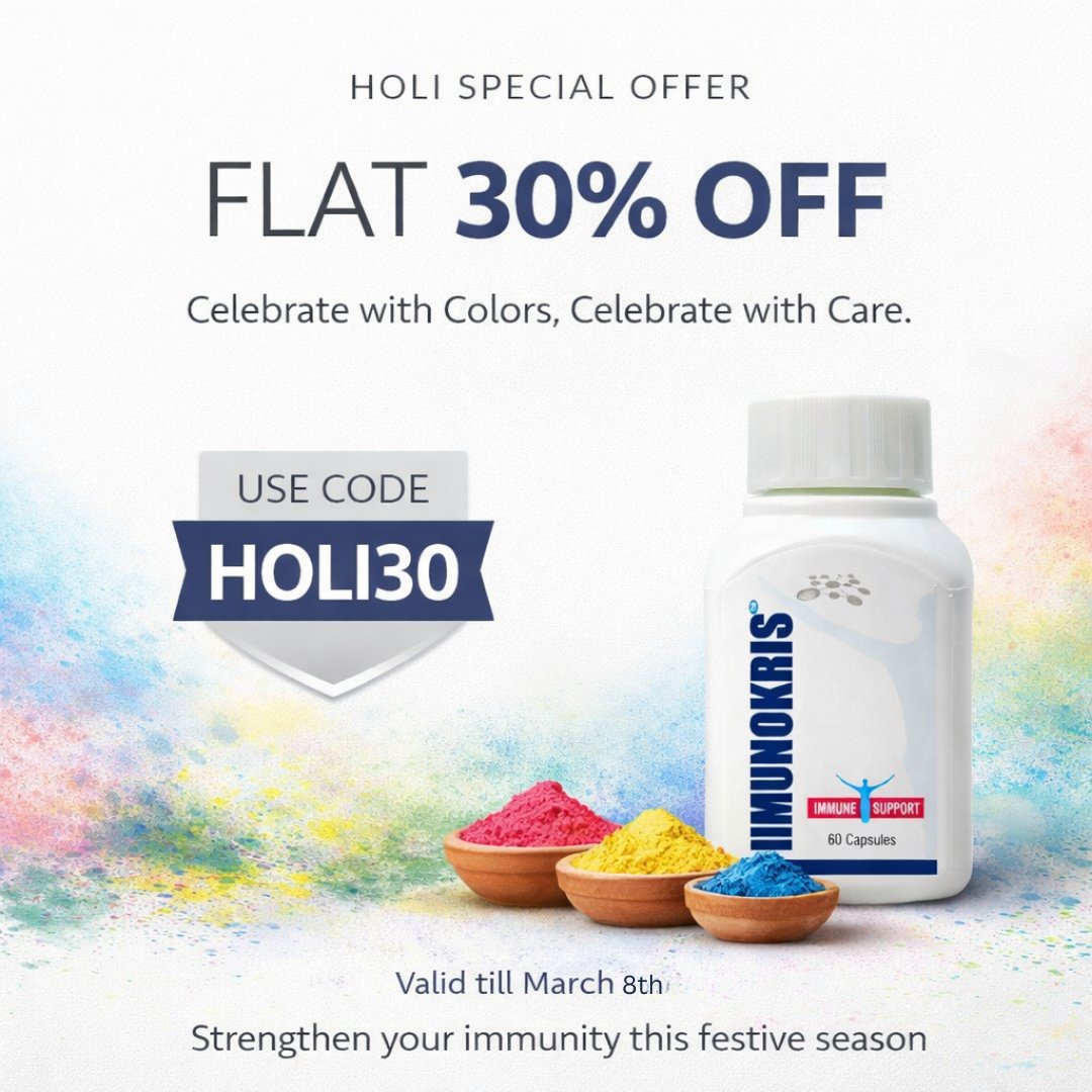 immunokris's tweet image. HOLI SPECIAL OFFER 🌈
Celebrate the festival of colors with stronger immunity.

𝐅𝐋𝐀𝐓 30% 𝐎𝐅𝐅 𝐨𝐧 𝐈𝐦𝐦𝐮𝐧𝐨𝐤𝐫𝐢𝐬
𝐔𝐬𝐞 𝐜𝐨𝐝𝐞: 𝐇𝐎𝐋𝐈30
𝐕𝐚𝐥𝐢𝐝 𝐭𝐢𝐥𝐥 𝐌𝐚𝐫𝐜𝐡 8𝐭𝐡

[Shop now - immunokris.com]

#holioffer #festiveoffer #Immunokris  #holi2026