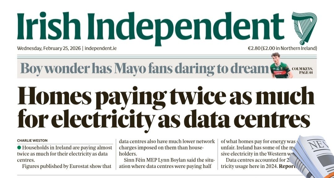 Rip-Off Republic 

Ireland has some of the most expensive electricity in the Western world.

‘It’s a slap in the face’  – Irish households are paying twice as much for electricity as data centres - Charlie Weston 

Sinn Féin MEP Lynn Boylan said the situation where data centres