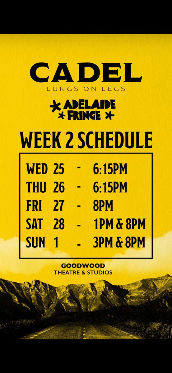 Week 2 schedule for #CadelLungsOnLegs at <a href="/ADLfringe/">Adelaide Fringe</a> #adelaidefringe

Tickets at adelaidefringe.com.au/fringetix/cade…
