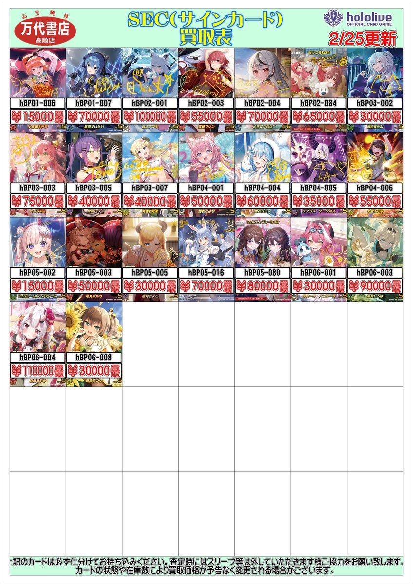 ホロライブカードから SEC（サインカード）の買取表を更新しました
