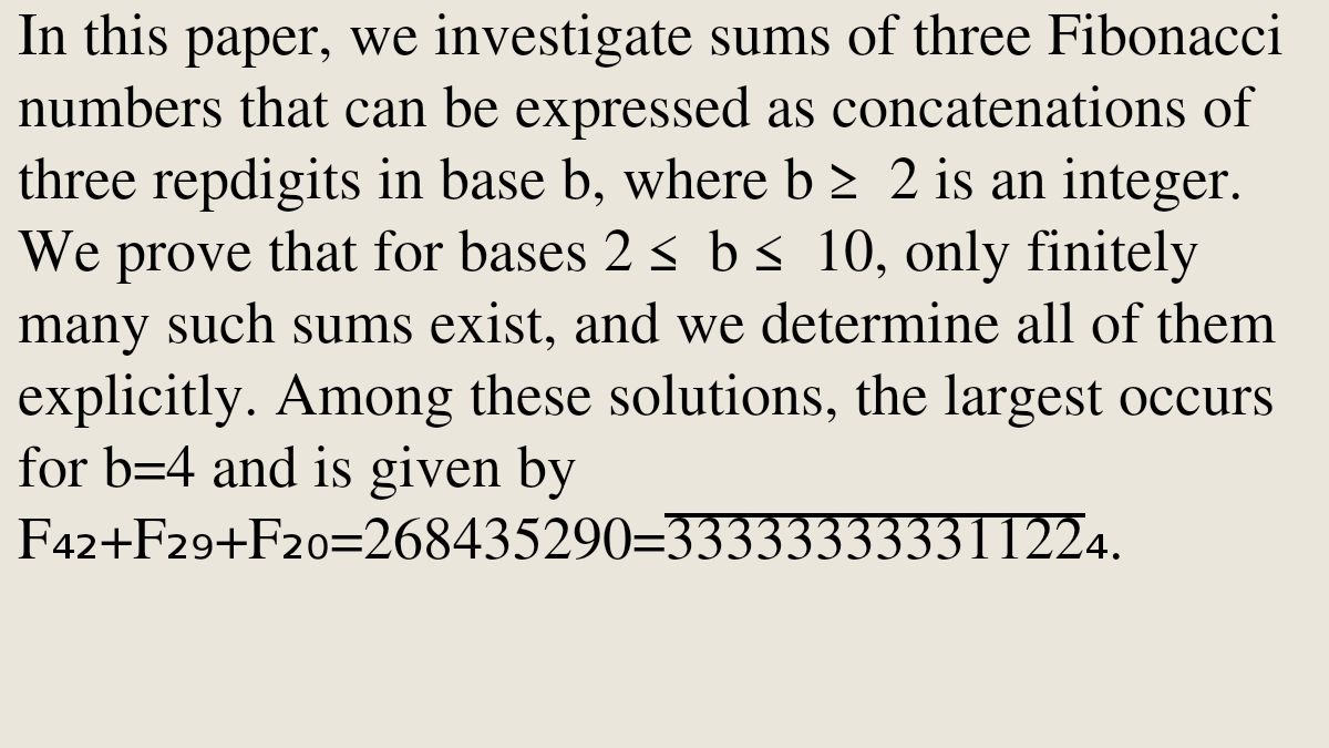 Sums of three Fibonacci numbers as concatenations of three repdigits in base b

Passimzouwé Dagou, Pagdame Tiebekabe, Kouèssi Norbert Adédji, Kokou Tchariè
arxiv.org/abs/2602.20201 [𝚖𝚊𝚝𝚑.𝙶𝙼]