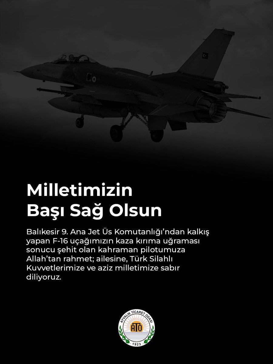 Milletimizin Başı Sağ Olsun🇹🇷

Balıkesir 9. Ana Jet Üs Komutanlığı’ndan kalkış yapan F-16 uçağımızın kaza kırıma uğraması sonucu şehit olan kahraman pilotumuza Allah’tan rahmet; ailesine, Türk Silahlı Kuvvetlerimize ve aziz milletimize sabır diliyoruz.

#başımızsağolsun🇹🇷