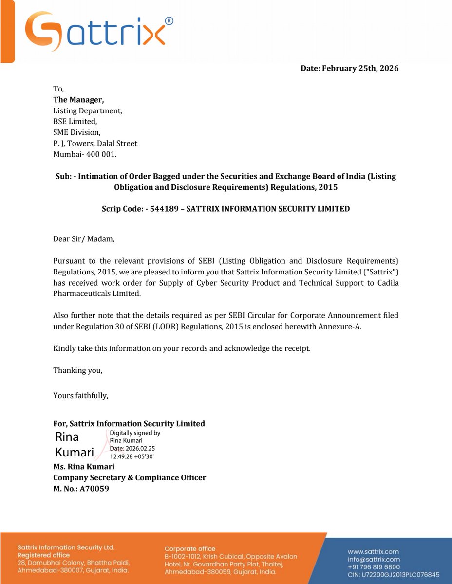 nileshkurhade's tweet photo. 📌 Sattrix Information Security Ltd informed the exchange about receiving a work order for Supply of Cyber Security Product and Technical Support to Cadila Pharmaceuticals Limited, to be executed within 1 Year with 30 days payment terms. #SME #SATTRIX 🛡️💻 https://t.co/DuS3MRExAP