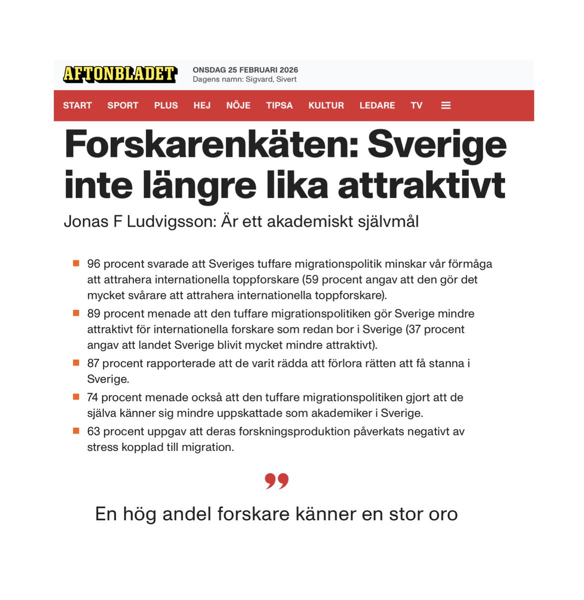 ludvigsson's tweet photo. Skriver idag på Aftonbladet Debatt om hur den allt tuffare migrationspolitiken i Sverige får konsekvenser för vår förmåga att attrahera internationella forskare.
Artikeln bygger på enkätsvar från 46 internationella forskare vid @karolinskainst  

https://t.co/gT0LHRiPYm https://t.co/an8rTO9BdI
