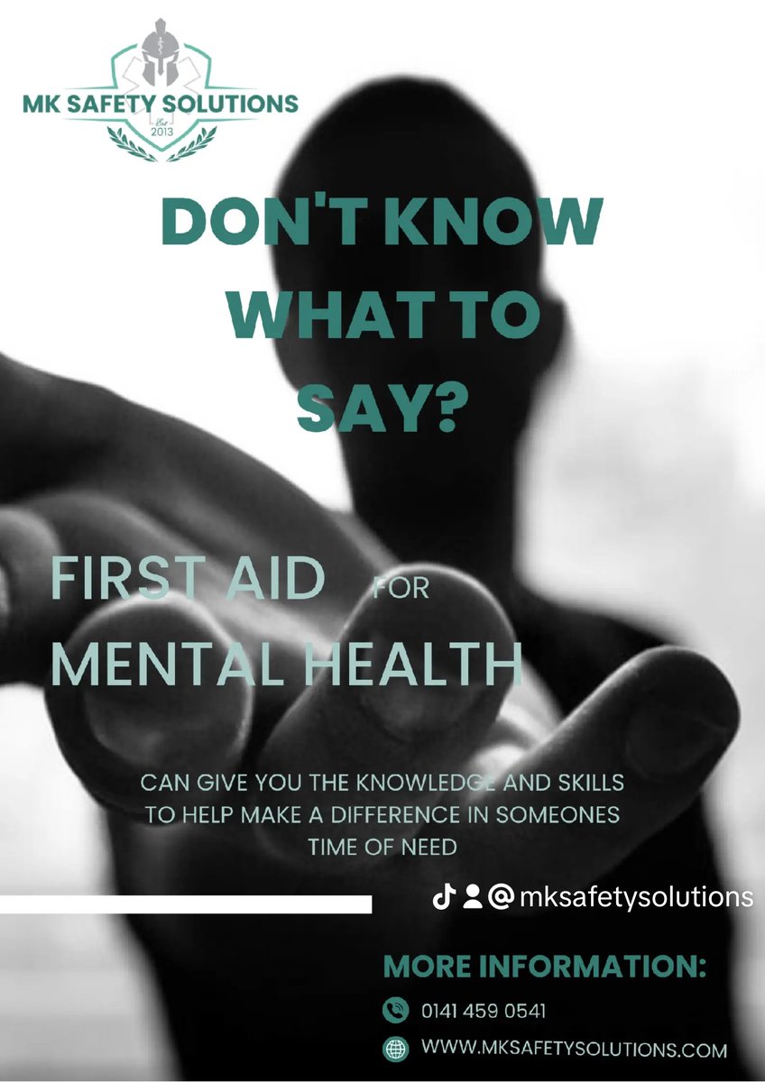 do you need some first aid for mental health training in Glasgow area then reach out. we are  running courses and can run them at your place of work. 

info@mksafetysolutions.com
mksafetysolutions.com 
 #mksafetysolutions 

#glasgow #MentalHealth #firstaidformentalhealth