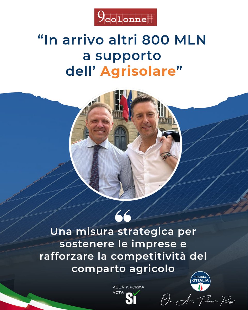 𝟴𝟬𝟬 𝗺𝗶𝗹𝗶𝗼𝗻𝗶 𝗶𝗻 𝗽𝗶𝘂̀ 𝗽𝗲𝗿 𝗹’𝗔𝗴𝗿𝗶𝘀𝗼𝗹𝗮𝗿𝗲 ☀️
Altri 800 milioni per il bando Agrisolare: la dotazione supera i 3 miliardi.
Impianti fotovoltaici sui tetti dei fabbricati rurali, fino all’80% a fondo perduto, meno costi energetici e zero consumo di suolo.