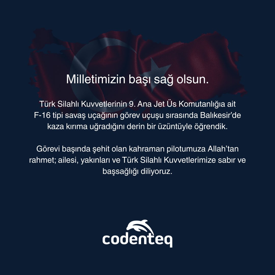 Görev uçuşu esnasında meydana gelen elim kaza sonucu şehit olan kahraman pilotumuz Hava Pilot Binbaşı İbrahim Bolat’a Allah’tan rahmet; kederli ailesine, Türk Silahlı Kuvvetlerimize ve milletimize başsağlığı dileriz. 🇹🇷