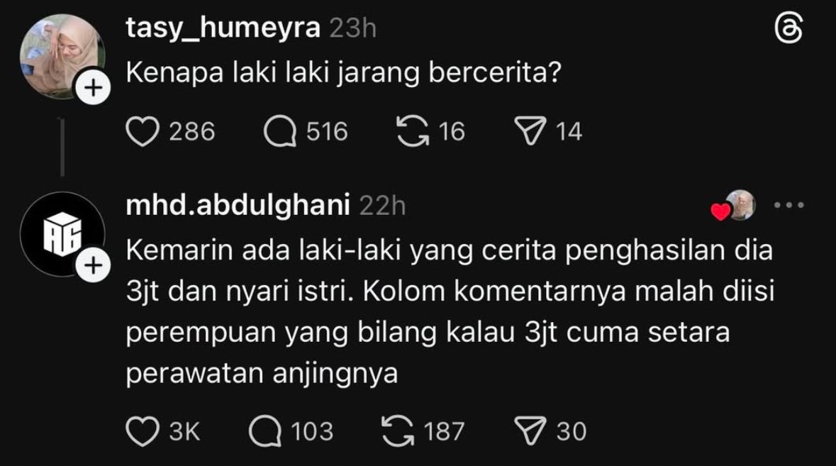 Gue tau sekarang apa apa serba mahal, tapi bisa ga kalo nemu yang ga sesuai sama ekspektasi kalian, gausah membandingkan, merendahkan, bahkan menghina. 

Gue marah liat diskursus cewe gaboleh make up kemaren, gue juga marah liat cowo direndahin segininya cuma karena duit.

Yang