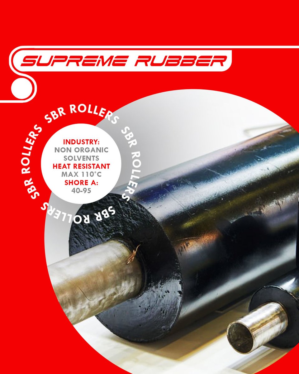 SupremeRubber's tweet image. Suitable for non organic solvents, SBR rollers provide heat resistance up to 110°C, Shore A 40-95, with excellent abrasion resistance and high tear strength against weak acids and alcohols applications. 

#supremerubber #rubberrollers #hypalon #silicone  supremerubber.co.za