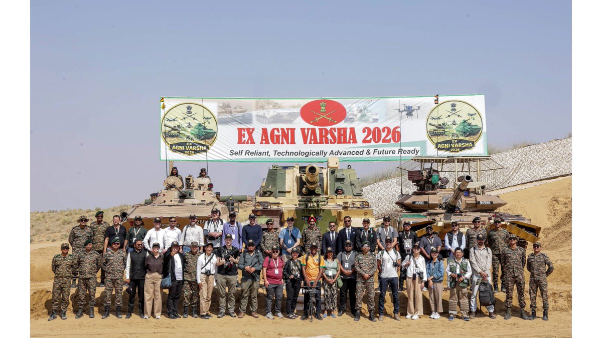 adgpi's tweet photo. Forging the Future Battlefield: Multi-Domain Warfighting Excellence

Under the global spotlight, #SouthernCommand conducted a high-tempo Fire & Manoeuvre Exercise, called Exercise Agni Varsha at the Pokhran Field Firing Range, integrating emerging technologies to enhance Multi-Domain Operations.

The exercise demonstrated persistent #ISR capabilities, precision strike systems and rapid battlefield manoeuvre, highlighting the Indian Army’s evolving warfighting doctrine and high combat readiness in the #DecadeOfTransformation.

Witnessed by 28 foreign defence journalists, the exercise reaffirmed India’s operational preparedness, seamless technology integration and credible deterrence posture, ready to deliver swift, calibrated responses across the spectrum of modern conflict. 🇮🇳

#IndianArmy
#SudarshanChakraCorps 
#WhiteTigerDivision
@SpokespersonMoD 
@IaSouthern
