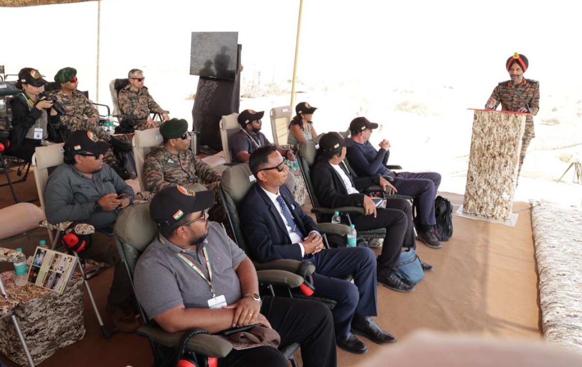 adgpi's tweet photo. Forging the Future Battlefield: Multi-Domain Warfighting Excellence

Under the global spotlight, #SouthernCommand conducted a high-tempo Fire & Manoeuvre Exercise, called Exercise Agni Varsha at the Pokhran Field Firing Range, integrating emerging technologies to enhance Multi-Domain Operations.

The exercise demonstrated persistent #ISR capabilities, precision strike systems and rapid battlefield manoeuvre, highlighting the Indian Army’s evolving warfighting doctrine and high combat readiness in the #DecadeOfTransformation.

Witnessed by 28 foreign defence journalists, the exercise reaffirmed India’s operational preparedness, seamless technology integration and credible deterrence posture, ready to deliver swift, calibrated responses across the spectrum of modern conflict. 🇮🇳

#IndianArmy
#SudarshanChakraCorps 
#WhiteTigerDivision
@SpokespersonMoD 
@IaSouthern