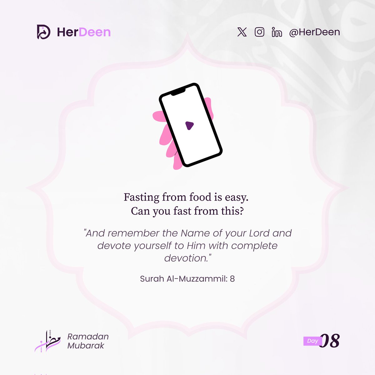 OfficialHerDeen's tweet photo. It may be easy to stay away from food. But can we fast from distraction?

From endless scrolling.
From noise.
Ramadan is not just about an empty stomach.
It’s about a focused heart.

Maybe tonight, we try putting the phone down a little earlier. 🥹🤲

#HerDeen
#RamadanDay08 https://t.co/cynul7BrQ9