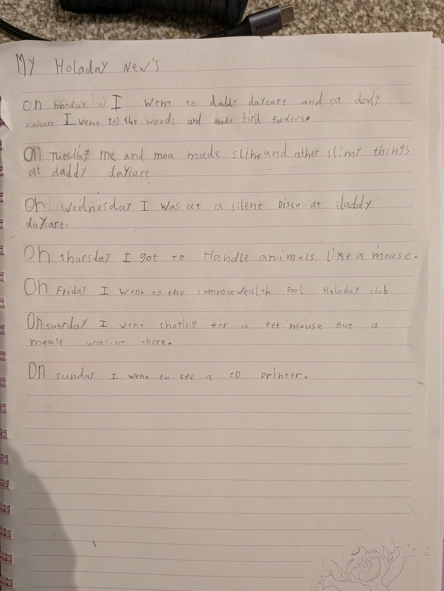 Sophia spent a chunk of Monday evening writing up her half term week *without having to*. Her handwriting is already better than mine. pixelfed.scot/p/andrewducker…