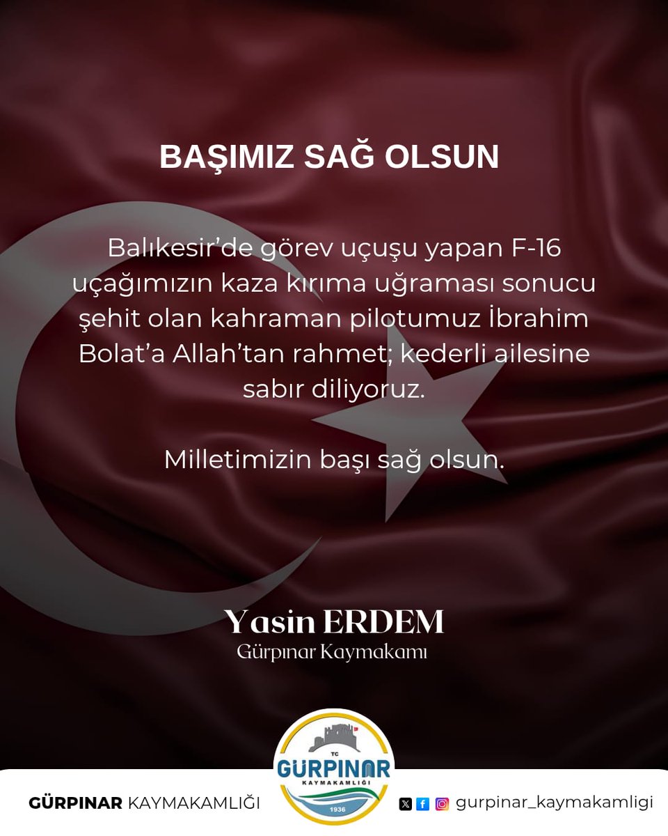 Balıkesir'de görev uçuşu yapan F-16 uçağımızın kaza kırıma uğraması sonucu şehit olan kahraman pilotumuz İbrahim Bolat'a Allah'tan rahmet kederli ailesine sabırlar diliyoruz.

Milletimizin başı sağolsun.

<a href="/yasinerdem92/">Yasin Erdem</a>