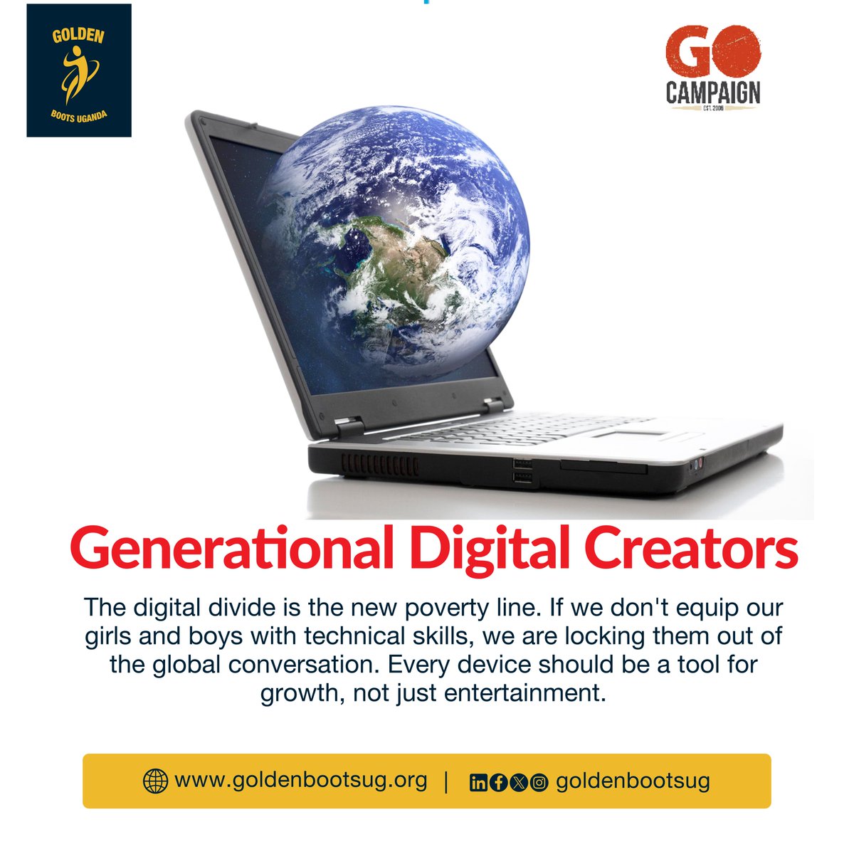 A laptop is more than a screen; it’s a window to the world. We are committed to equipping girls and boys with the technical skills they need to thrive in a digital-first economy.

Let’s bridge the divide together. 🤝

🌐 Visit us: goldenbootsug.org #DigitalCreators