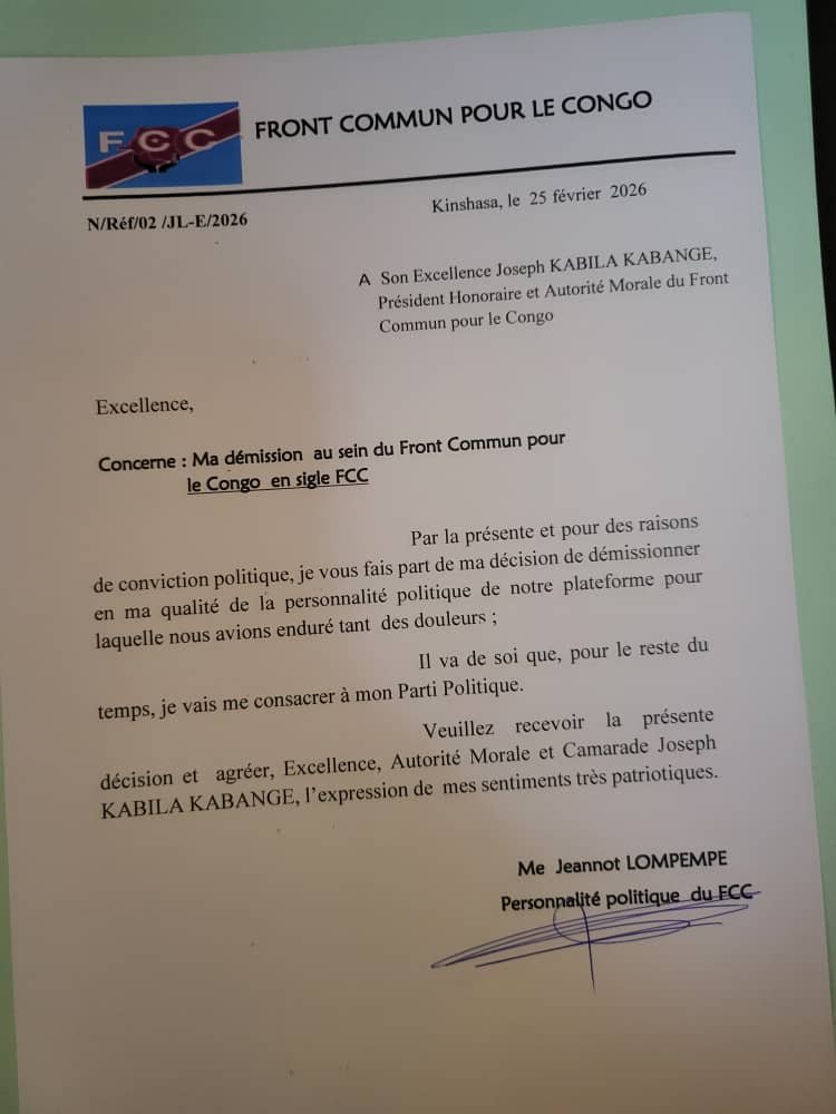 ebalemozindo's tweet photo. #RDC: #POLITIQUE. 
Politique : Me Jeannot @LompempeJ quitte le FCC.

​Le Front Commun pour le Congo (FCC) enregistre un nouveau départ dans ses rangs. Dans une correspondance datée du 25 février 2026, adressée à l’Autorité Morale de la plateforme, Joseph Kabila Kabange, Me Jeannot Lompempe a officiellement déposé sa démission.
​Invoquant des « raisons de conviction politique », celui qui agissait en tant que personnalité politique du regroupement a décidé de mettre fin à sa collaboration avec la plateforme pour laquelle, souligne-t-il, les membres ont « enduré tant des douleurs ». Me Lompempe précise qu’il entend désormais se consacrer exclusivement à son propre parti politique pour la suite de sa carrière.