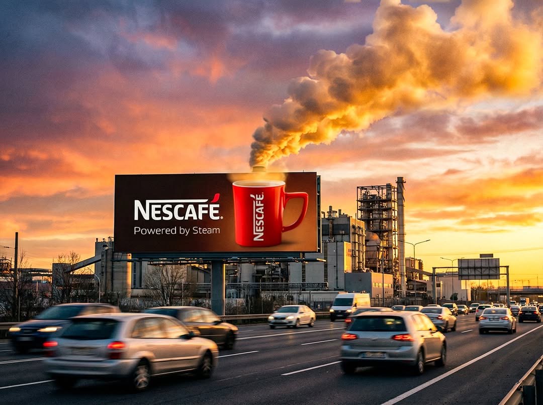 afaqs's tweet image. Nescafé turns factory smoke into rising coffee steam.

In this student-led OOH concept by Ziad Waleed, a billboard is perfectly aligned with a factory chimney so the smoke looks like a fresh cup of coffee steaming into the sky.

Brand: @NESCAFE
Country: Egypt

#NESCAFÉ #OOH