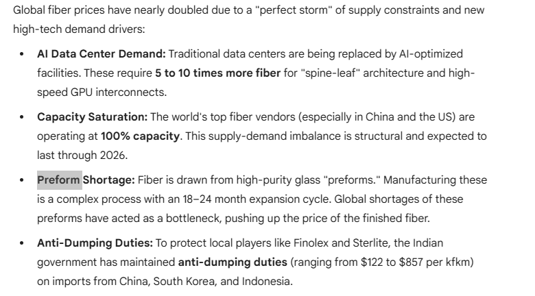 Jai0409's tweet photo. #Finolexcables
Optical fibre prices nearly doubled $3 to $5 - why👇
100MT Preform Facility commissioning in Q4 & it is the "margin game-changer." Instead of buying glass, It will make it, it will boost EBIT margins from the current ~2.5% toward 8–9%.
adds 500 to 600cr revenue https://t.co/GJTIwNk7R7