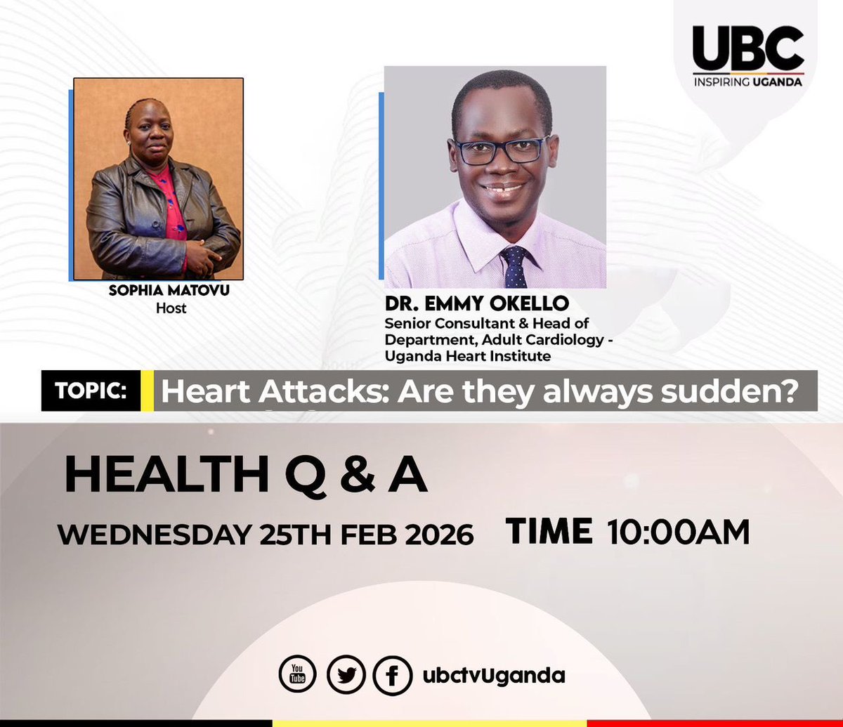 HeartUganda's tweet image. 🎥 Happening NOW!

Dr. @emmyrov (@HeartUganda) joins Sophia Matovu to discuss heart attack warning signs we often miss.

Tune in live NOW. Your heart can't wait.

🔗 Watch here: youtube.com/live/R7PRGG0KX…

#HeartHealth #StayInformed #UgandaHeartInstitute #DontMissABeat