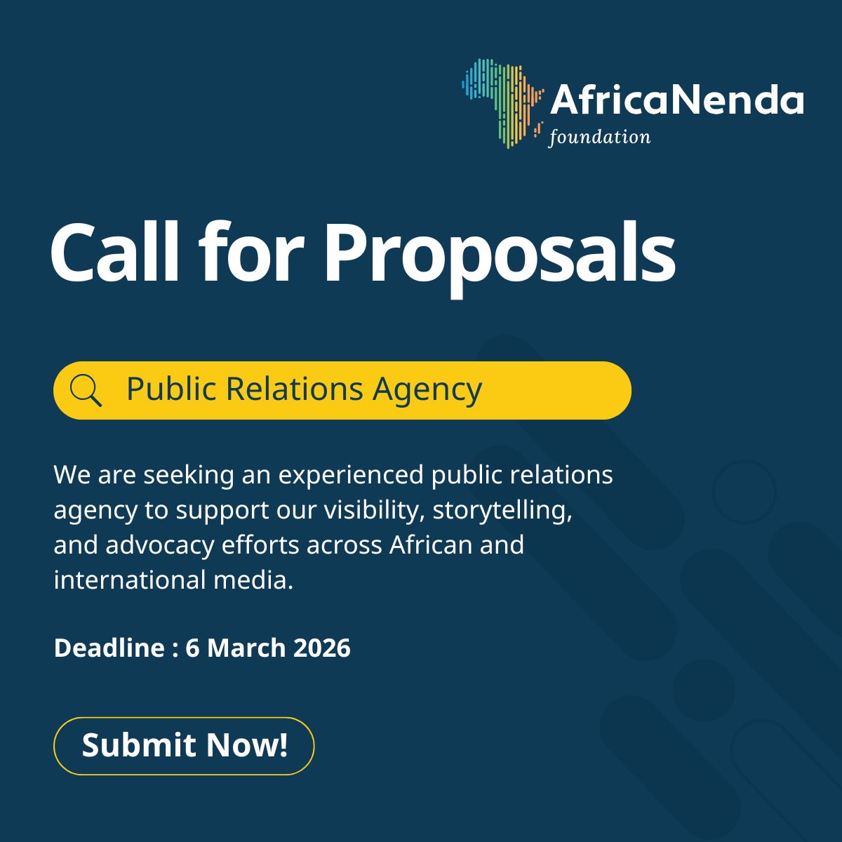 AfricaNenda's tweet image. We are accepting proposals for #PublicRelations support.

Know an excellent #PublicRelationsAgency? Please share! 

Deadline is 6 March 2026!

Check the comments for the proposal submission process👇
