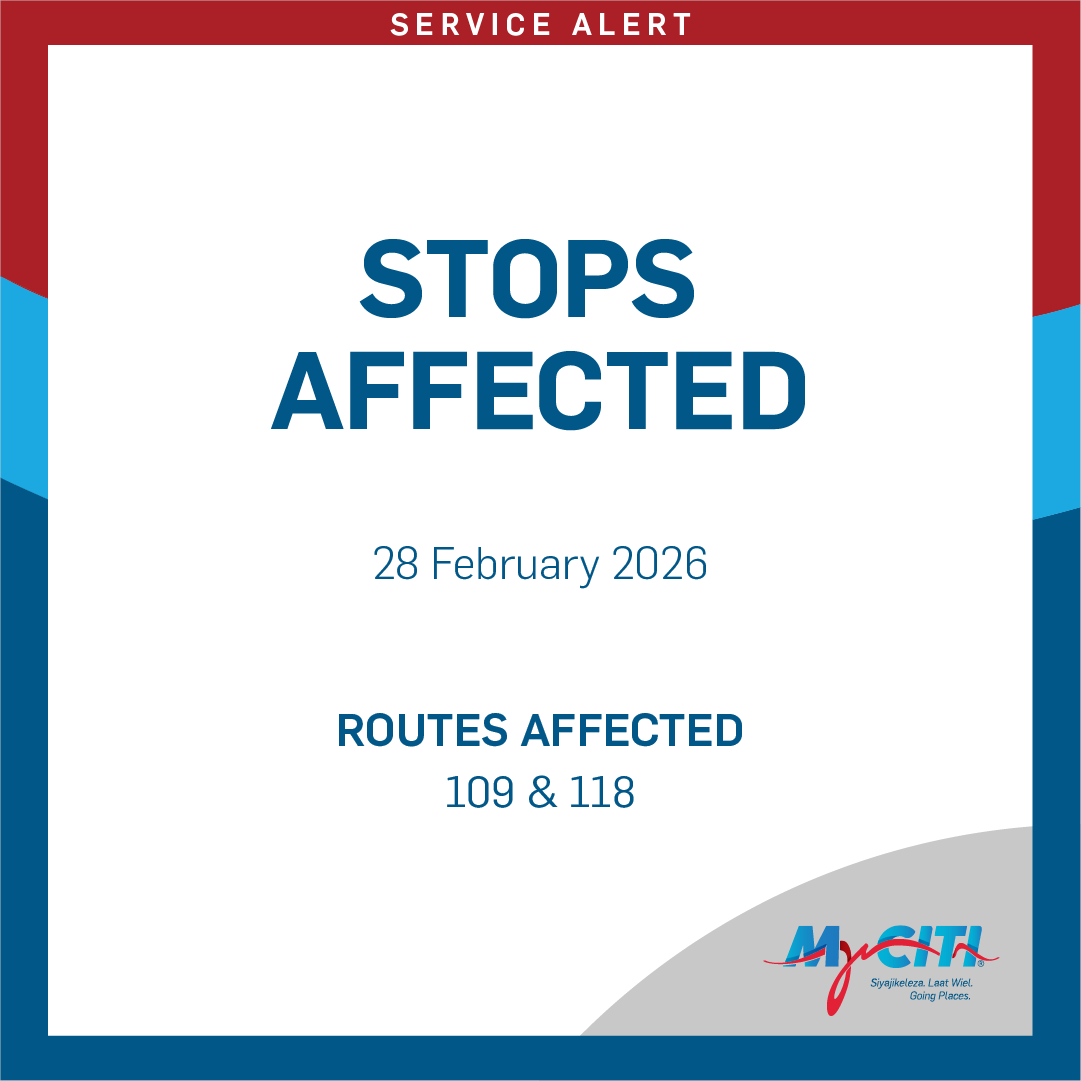 MyCiTiBus's tweet image. The Upper Portswood, Gallows Hill and Alfred stops serving buses toward the city centre will be skipped from 10:30 to 12:00 on Saturday 28 February. Please use Wigtown or Riebeek stops during this time. #MyCiTi #GreenPoint #CapeTownPride