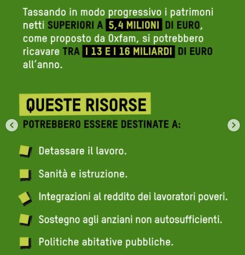 rsta's tweet image. LA PROPOSTA OXFAM 🎯

Tassa 1-3% solo per patrimoni sopra 5,4 milioni €
Riguarda lo 0,1% più ricco (50.000 persone)
Gettito: 13,2 miliardi/anno

NON RIGUARDA TE
(A meno che tu non abbia 5 milioni in banca)

#TassareIMilionari @einaudieditore #Oxfam #Proposta #Patrimoniale