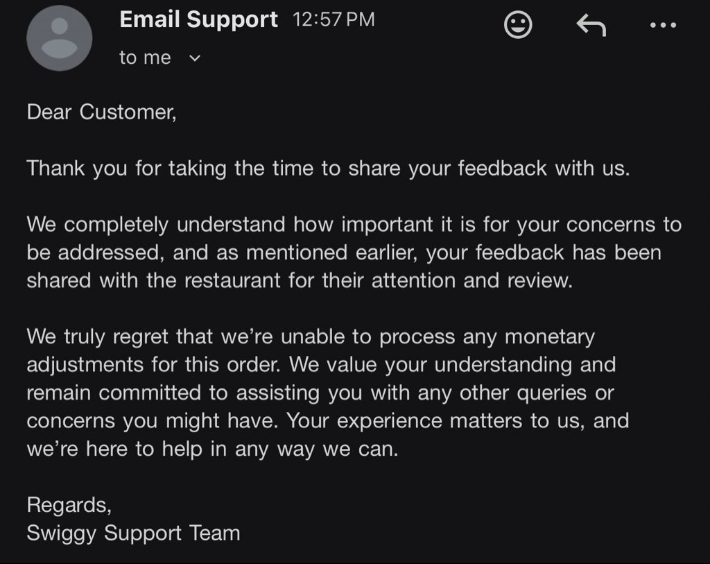 SidharthThathi's tweet photo. @SwiggyCares @Swiggy #230669021348514
This was the reply. https://t.co/hUM6SqGqXB