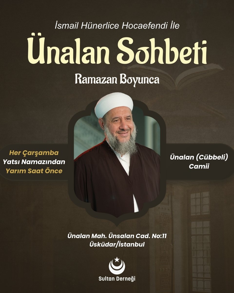 İsmail Hünerlice Hocaefendi ile Ramazan Boyunca Ünalan Sohbetleri

Ünalan Mahalle (Cübbeli) Camii'nde.

🕡Yatsı Namazından yarım saat önce.
-  Hanımlara yer ayrılmıştır.

📍Ünalan Mahallesi, Ünsalan Caddesi No:11 Üsküdar / İstanbul

#ünalansohbeti #ismailhünerlicehoca