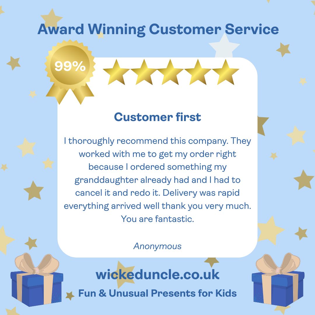 WickedUncle's tweet image. Thanks for the lovely review 🤩 We pride ourselves on always putting the customer first and are always at the end of the telephone to help with any issues ☎️
#feefo #giftsforkids #funandunusual #wickeduncle