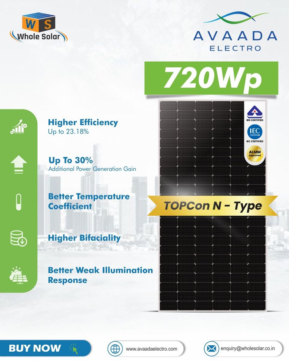 solar_whole's tweet image. 𝗔𝘃𝗮𝗮𝗱𝗮 𝗘𝗹𝗲𝗰𝘁𝗿𝗼 𝟳𝟮𝟬𝗪𝗽 | 𝗧𝗢𝗣𝗖𝗼𝗻 𝗡-𝗧𝘆𝗽𝗲 ⚡

High-efficiency 720Wp module designed for utility-scale performance and higher yield.

Ready stock at Whole Solar Pvt Ltd 🤝

#AvaadaElectro #TOPCon #NType #SolarModules #SolarEPC #RenewableEnergy #WholeSolar