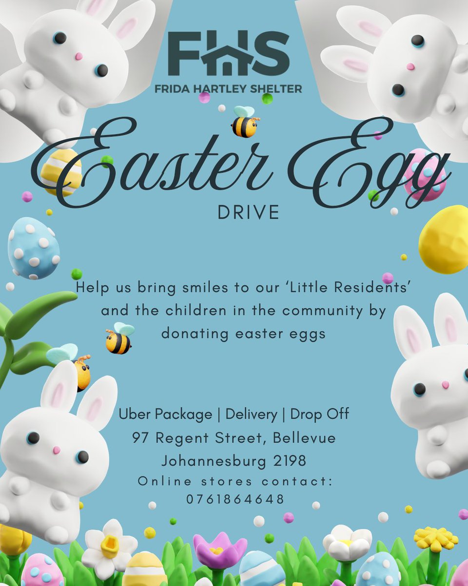 FridaHartleyshe's tweet photo. It’s time to spread the Easter cheer once more. 🐰

Please help us make this Easter special by supporting our Easter Egg Drive for our 'Little Residents' and the children in our community.

You’re welcome to drop off Easter egg donations or send them via Uber or other delivery services.

Our Address:
FHS 
97 Regent Street
Bellevue, Johannesburg 2198

Contact number for online deliveries or ewallet 076 186 4648