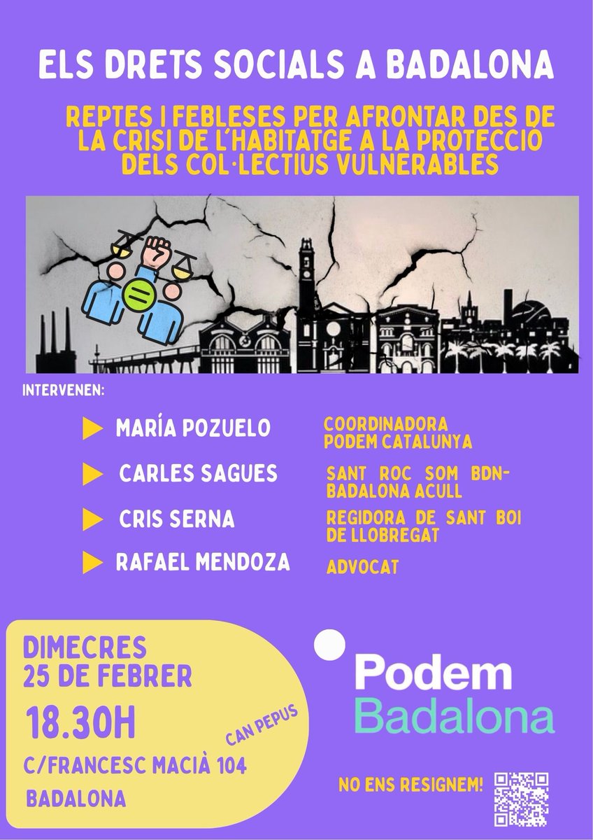 Avui estarem parlant sobre els drets socials a Badalona 

Con <a href="/CarlesSagues/">Carles Sagués</a> , <a href="/mpozueloc/">María Pozuelo Castro</a> , <a href="/CrisSernaVargas/">Cristina Serna 🔻 🇵🇸</a> , <a href="/RafaMendozaNava/">Rafa Mendoza</a> 

Us esperem aquesta tarda a Can Pepus a les 18:30h 

#Badalona
