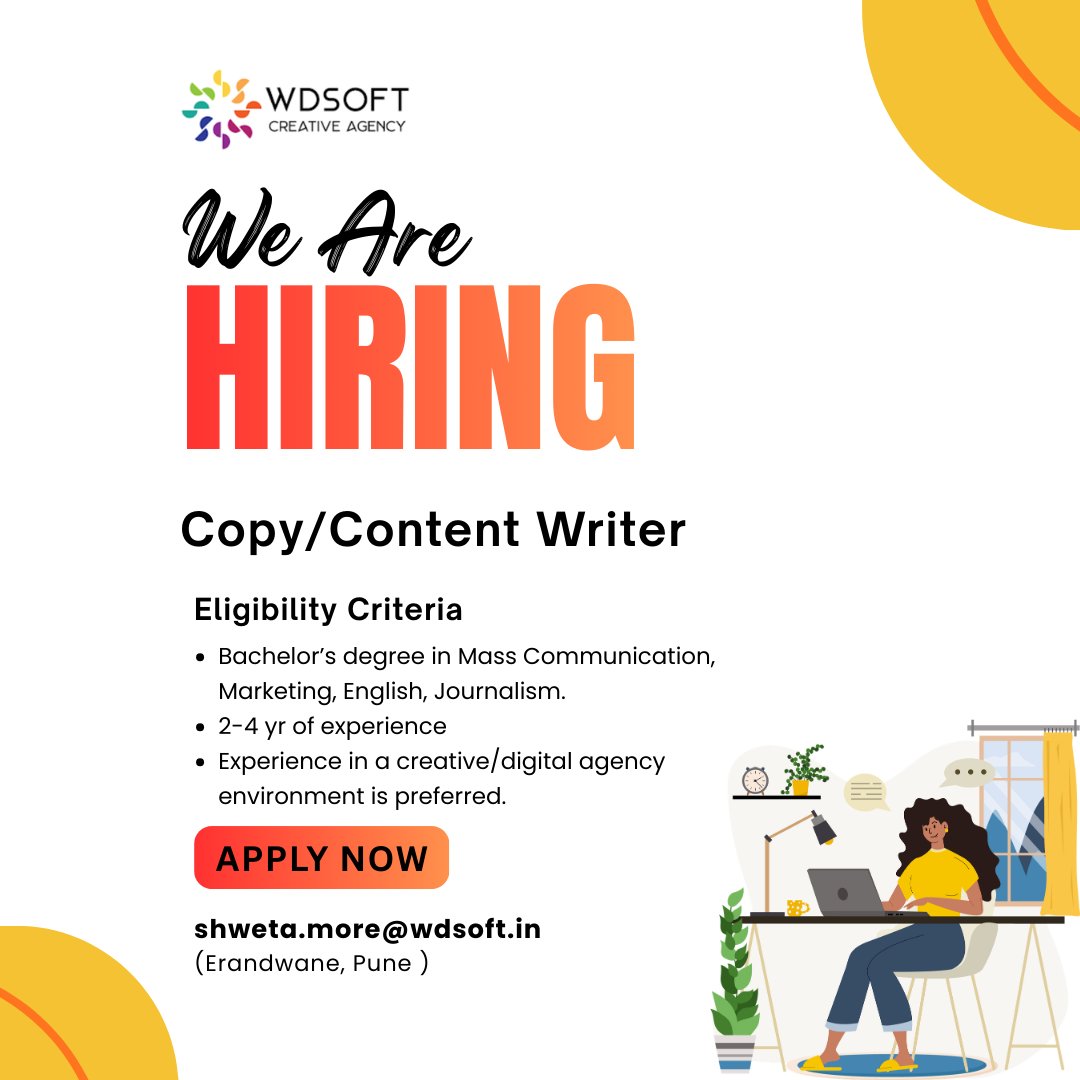 WDsoftAgency's tweet photo. WE ARE HIRING! 📢
Let’s build fun stuff together
📩 Apply Now!: shweta.more@wdsoft.in

#hiring #designagency #applynow #designjobs #explore #trending #career #job #JobAlert #CreativeJobs #CareerGrowth #JoinOurTeam #WeAreHiring #seniorvisualiser #contentwriter https://t.co/lz1uY7QupY