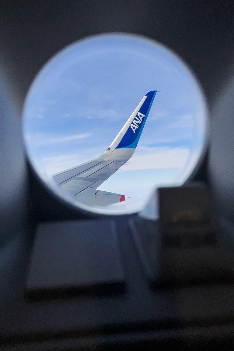 A321でR3ドアから見たウイングレット ここまで来たら上は晴れてるの