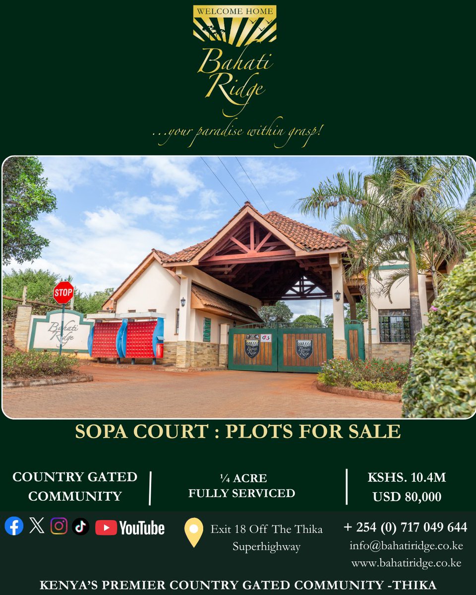 BahatiRidge's tweet image. At Bahati Ridge, our controlled development preserves the beauty of the landscape while modern infrastructure ensures comfort and convenience.
Own your space. Build your dream. Live the dream.
#plotsforsale #GatedCommunity #countryliving #sopacourt #yourparadisewithingrasp