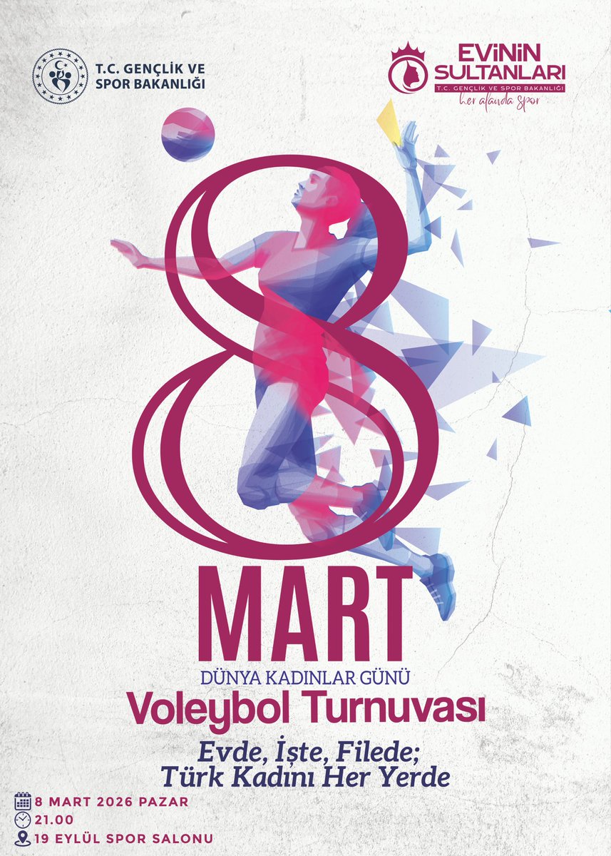 🏐 Evde, İşte, Filede; Türk Kadını Her Yerde! 8 Mart’a Özel “Evinin Sultanları” Voleybol Turnuvası

📅 Turnuva Tarihi : 8 Mart 2026 
🕗 21.00
📍19 Eylül Spor Salonu

👇
facebook.com/share/p/1RbmF1…