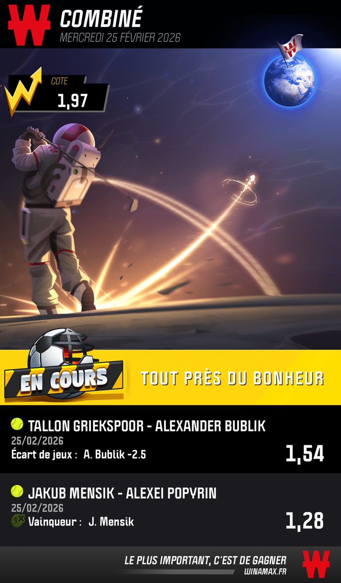 AtinoPronos's tweet photo. 🎁 Bet 🎾 ATP Dubai ↩️ Analyse plus bas 📊

👉 Bublik -2,5 jeux 
👉 Mensik

⏰ Départ : 13,20

📊 Cote à 1,97

💶 BK à 1387,50 € | 💰Mise : 17,50 €

😏 DM pour la carte complète et pour des freebets 🤑

♻️ et ❤️ pour le soutien

#Winamax #Freebet #Dubai #atpdubai #TennisPicks https://t.co/FwB7lS7j8o