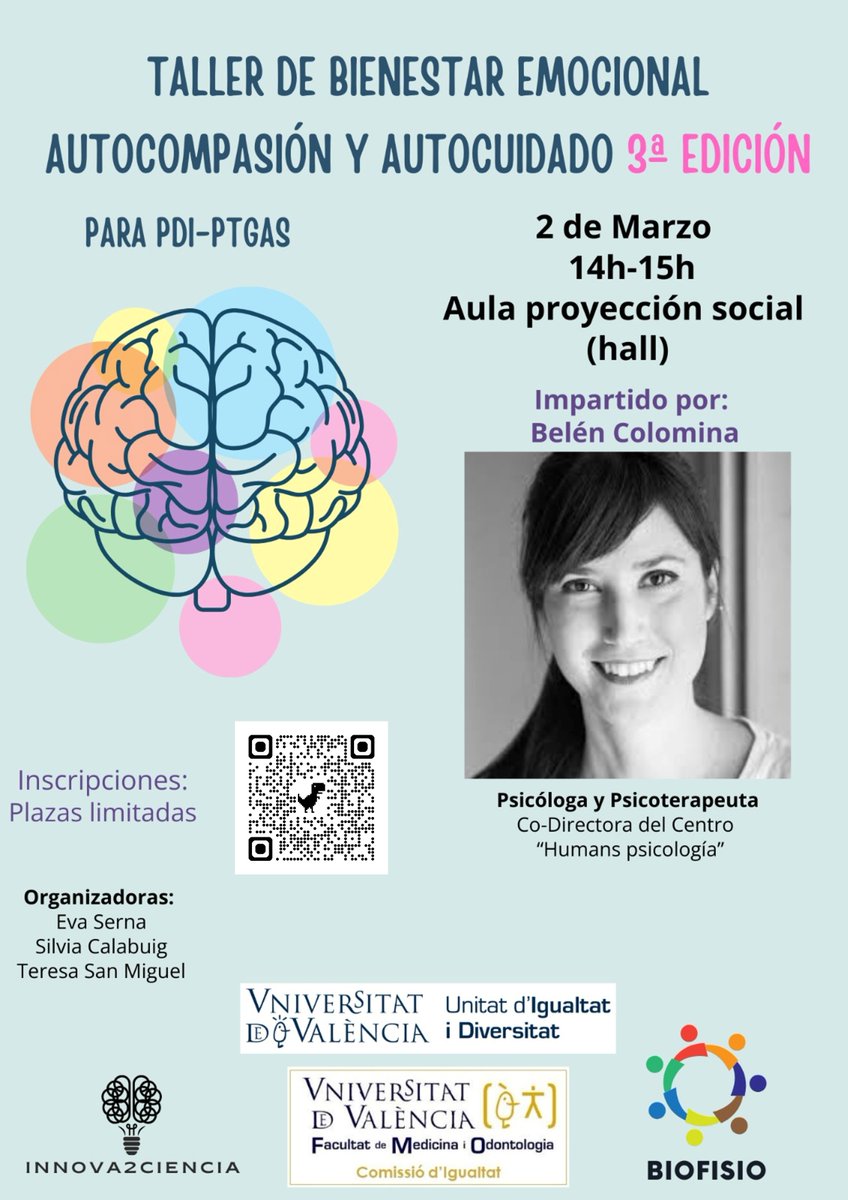 pathologyUV's tweet photo. Taller de bienestar emocional: "Autocompasión y autocuidado" . Día 2/03/2026 de 14 a 15h para PDI-PTGAS y de 15 a 16h para el alumnado. Lugar: Aula de proyección social (hall). Participan nuestras compañeras @T_SanMiguel_PhD y @calabuig_silvia
Inscripciones a través del código QR https://t.co/FdFRPFGMh8