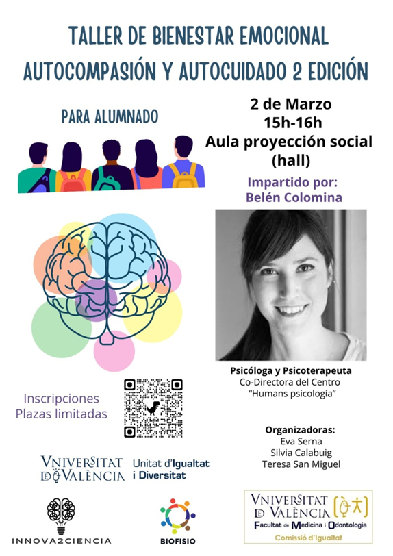 pathologyUV's tweet photo. Taller de bienestar emocional: "Autocompasión y autocuidado" . Día 2/03/2026 de 14 a 15h para PDI-PTGAS y de 15 a 16h para el alumnado. Lugar: Aula de proyección social (hall). Participan nuestras compañeras @T_SanMiguel_PhD y @calabuig_silvia
Inscripciones a través del código QR https://t.co/FdFRPFGMh8